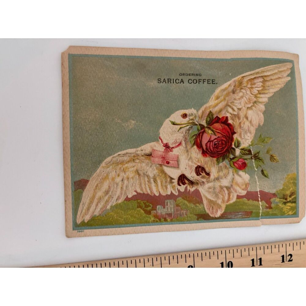 vintage victorian trade card for sarica coffee featuring dove with roses